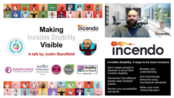 There is a title slide from a webinar on invisible disabilities, plus a photo of the trainber and a list of 6 ways to be more inclusive,
